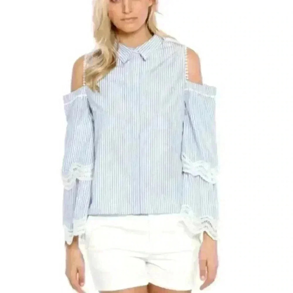 NWT Jonathan Simkhai Button Front Cold Shoulder Pinstripe Bell Sleeve Blouse - Picture 1 of 7